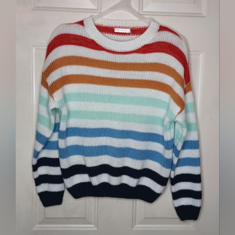 Kirundo White Long Sleeve  Sweater with Stripes Crew Neck Women's Size Small